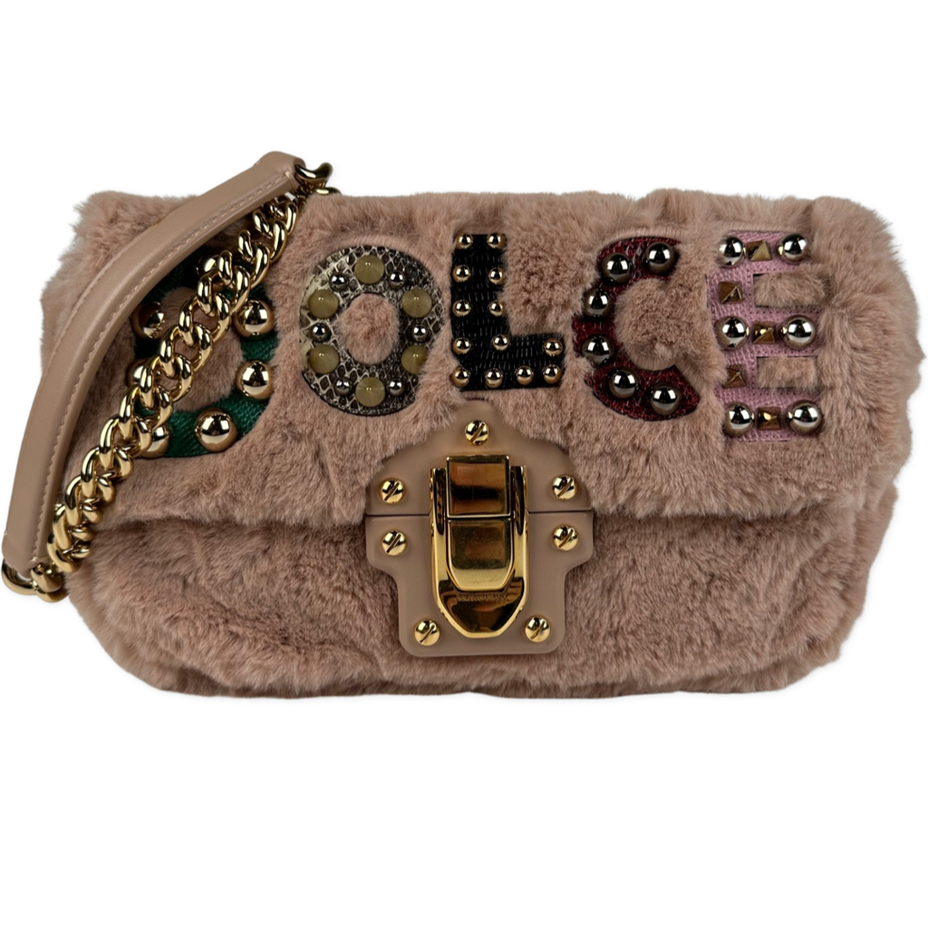 Dolce & Gabbana Faux Fur Watersnake Embellished Lucia Shoulder Bag Pink