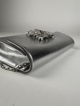 Load image into Gallery viewer, Roger Viver Bouquet Metallic Leather Flap Top Clutch Silver