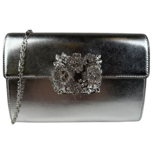 Load image into Gallery viewer, Roger Viver Bouquet Metallic Leather Flap Top Clutch Silver