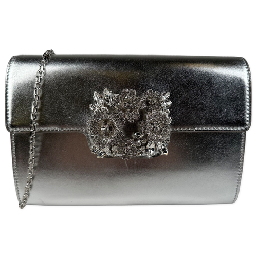 Roger Viver Bouquet Metallic Leather Flap Top Clutch Silver