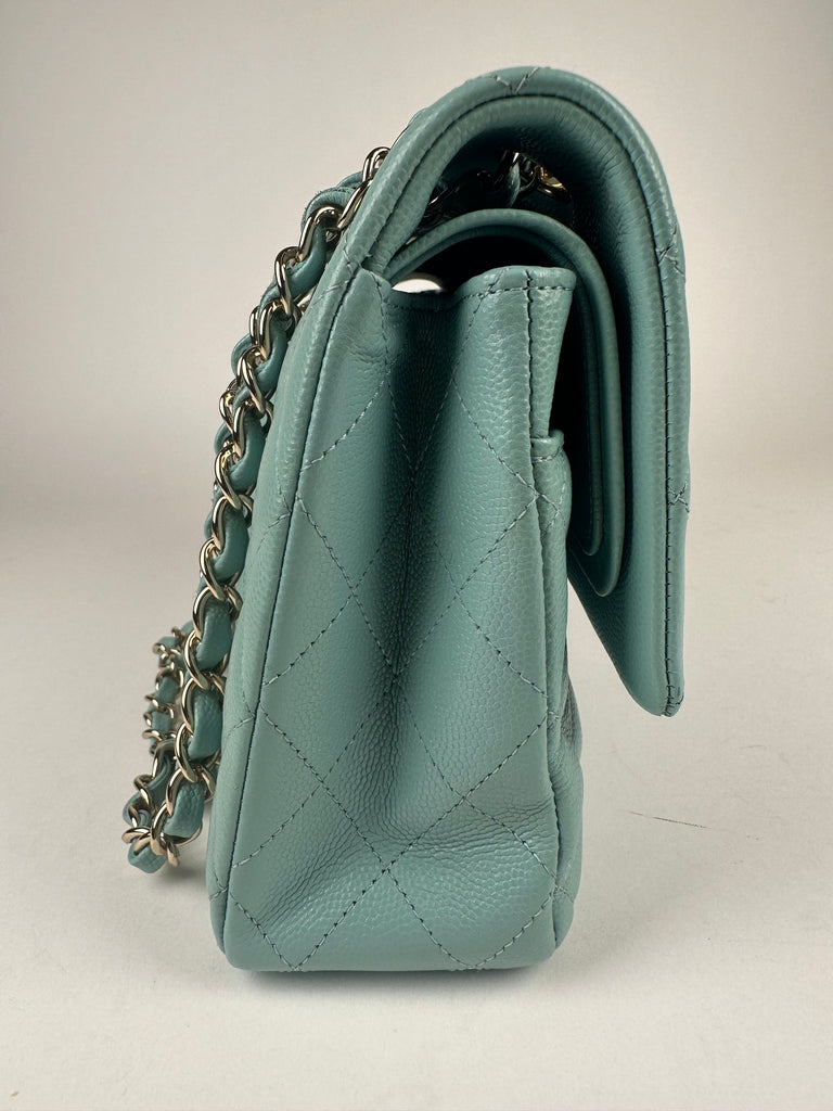 Chanel Light Blue Quilted Caviar Medium Classic Double Flap Light Gold Hardware, 2022 (Like New), Womens Handbag