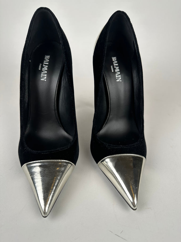 Balmain Daphne Duo Mirrored Silver Black Velvet Pumps Size 37.5EU