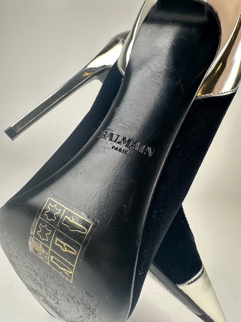 Balmain Daphne Duo Mirrored Silver Black Velvet Pumps Size 37.5EU