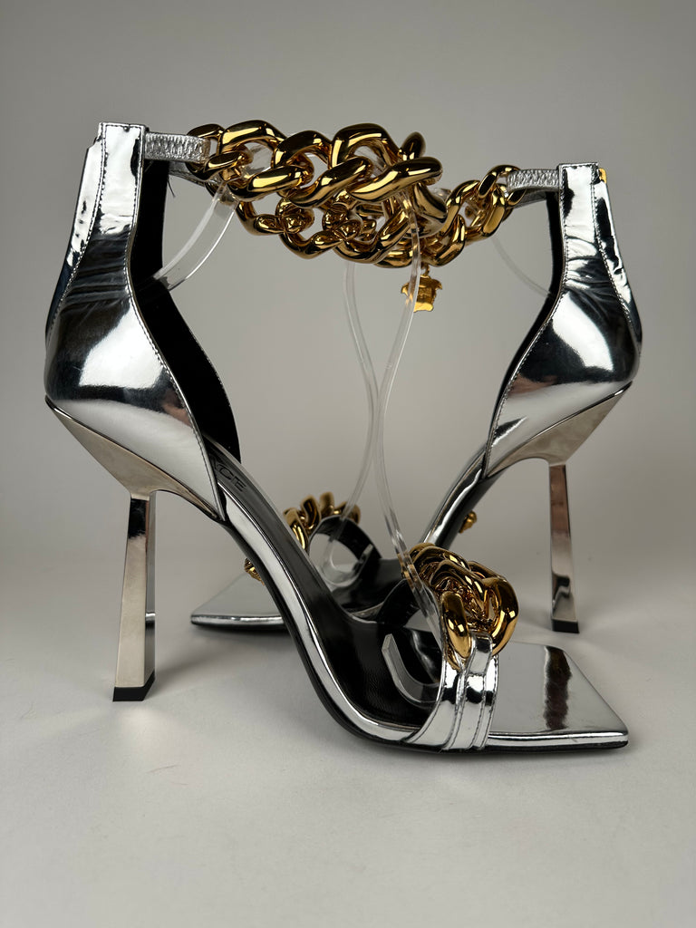 Versace Medusa Metallic Chain High Heel Sandals Silver Size 40EU