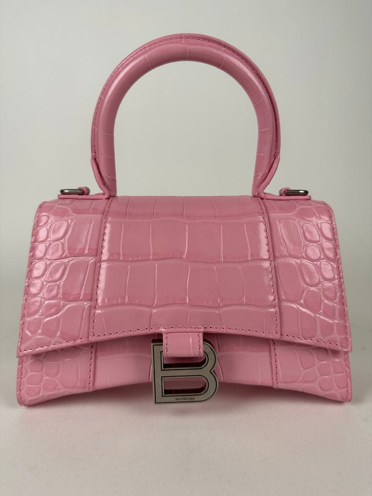 Balenciaga Shiny Calfskin Croc Embossed XS Hourglass Top Handle Pink