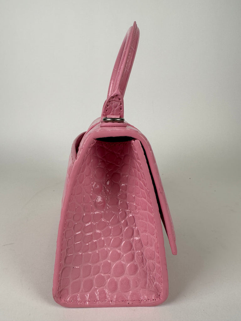 Balenciaga Shiny Calfskin Croc Embossed XS Hourglass Top Handle Pink