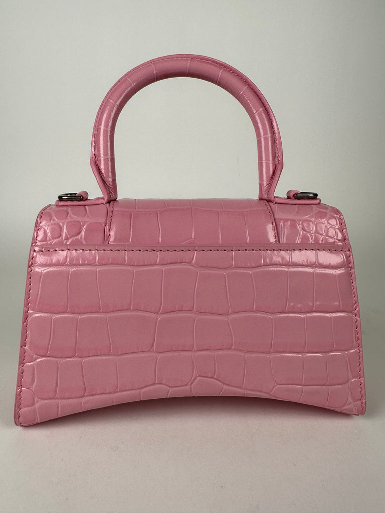 Balenciaga Shiny Calfskin Croc Embossed XS Hourglass Top Handle Pink