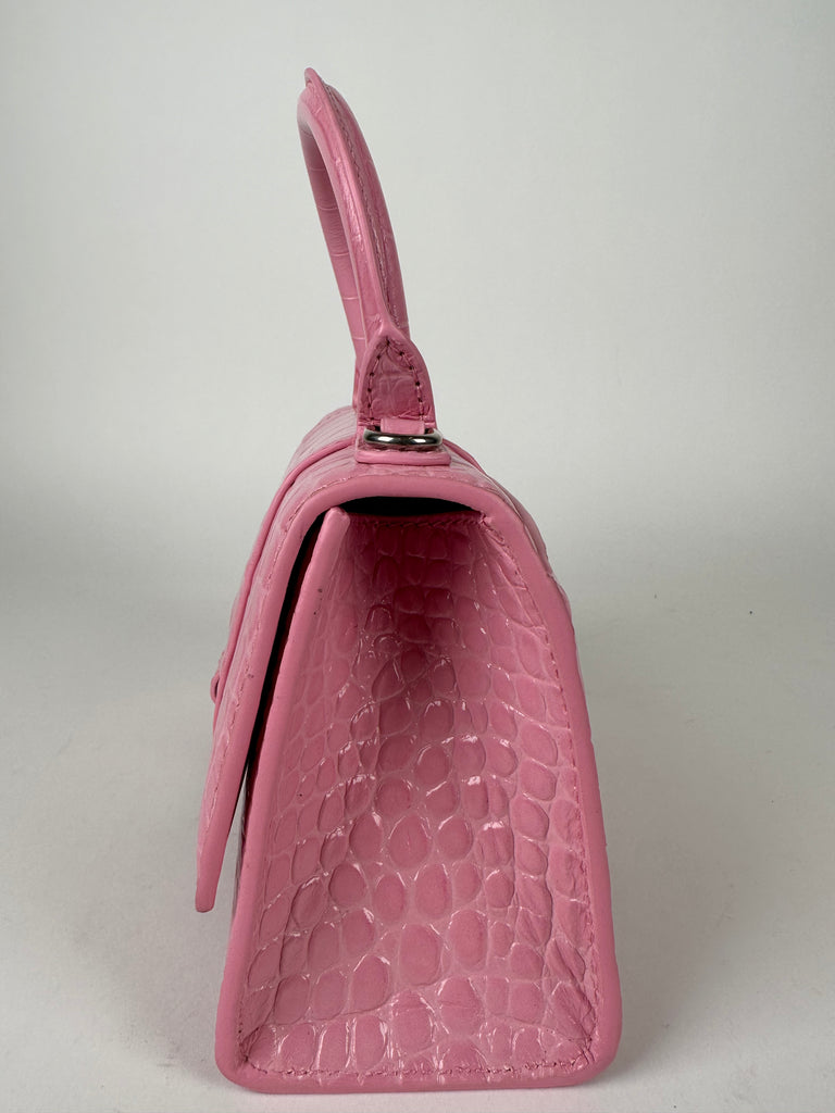 Balenciaga Shiny Calfskin Croc Embossed XS Hourglass Top Handle Pink