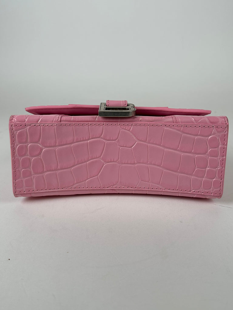 Balenciaga Shiny Calfskin Croc Embossed XS Hourglass Top Handle Pink