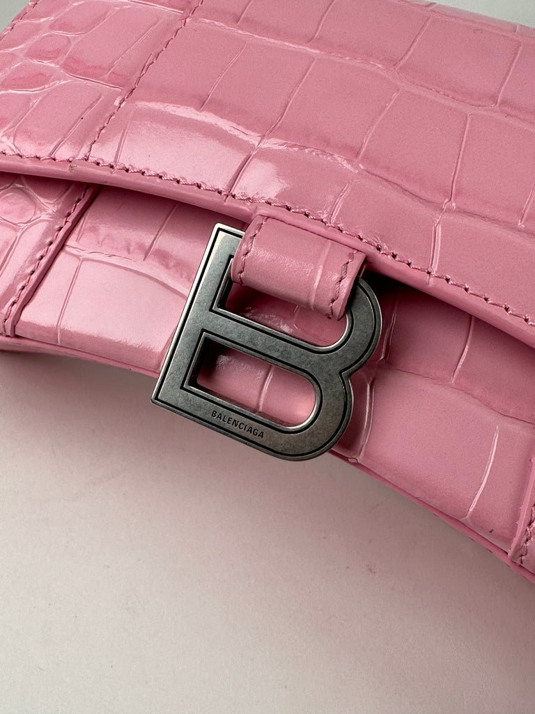 Balenciaga Shiny Calfskin Croc Embossed XS Hourglass Top Handle Pink