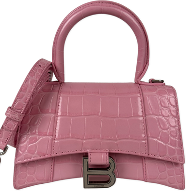 Balenciaga Shiny Calfskin Croc Embossed XS Hourglass Top Handle Pink