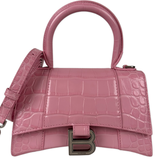 Balenciaga Shiny Calfskin Croc Embossed XS Hourglass Top Handle Pink