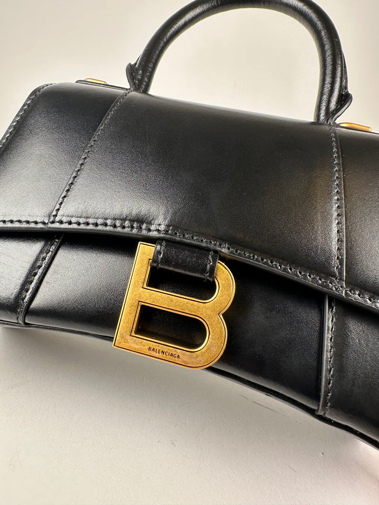 Balenciaga Shiny Calfskin XS Hourglass Top Handle Black