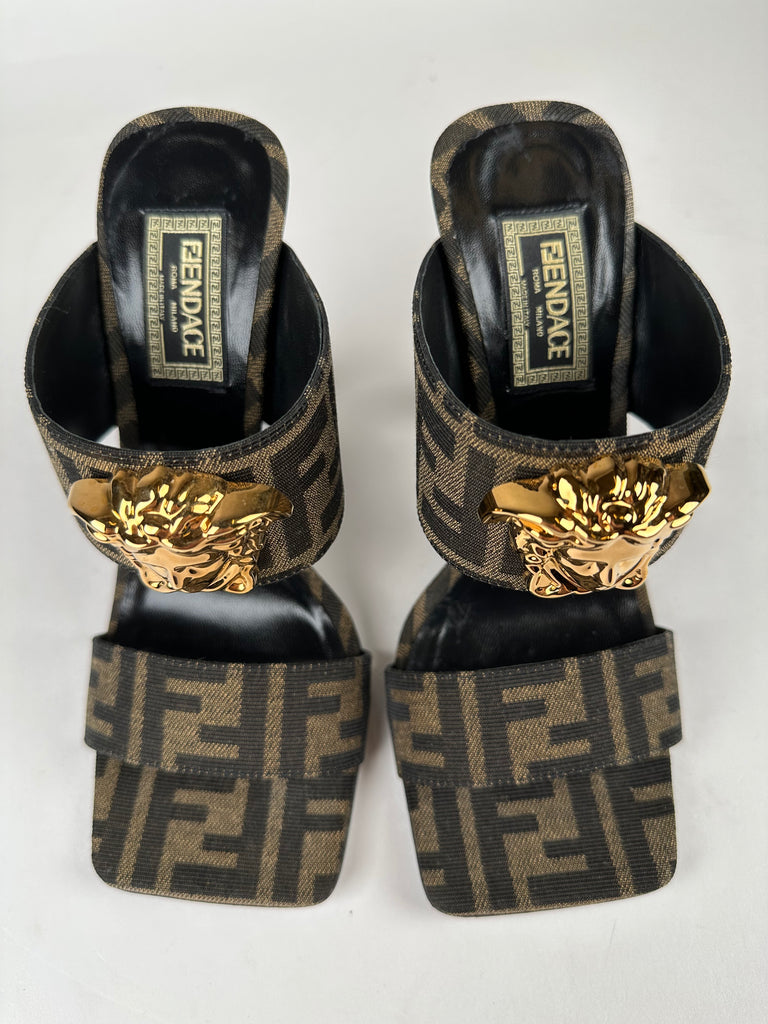 Fendace FF Jacquard Print Medusa Head Mules Size 37.5EU