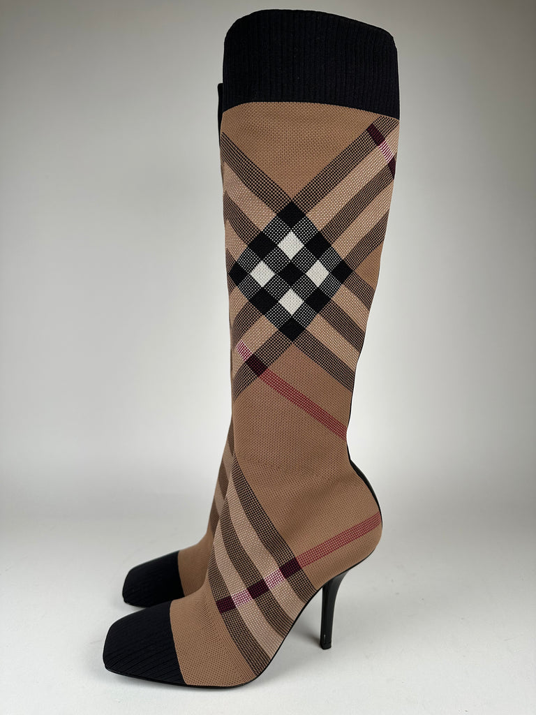 Burberry Knitted Check Sock Boots Birch Brown Size 38EU