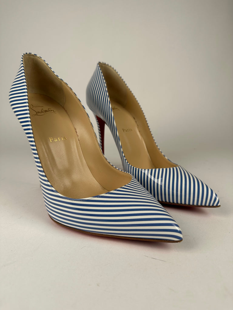 Christian Louboutin Pigalle Follies 100 Patent Leather Blue White Striped Size 41EU