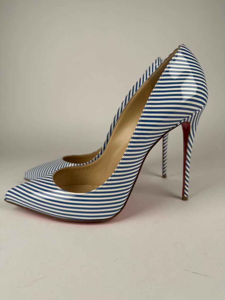 Christian Louboutin Pigalle Follies 100 Patent Leather Blue White Striped Size 41EU