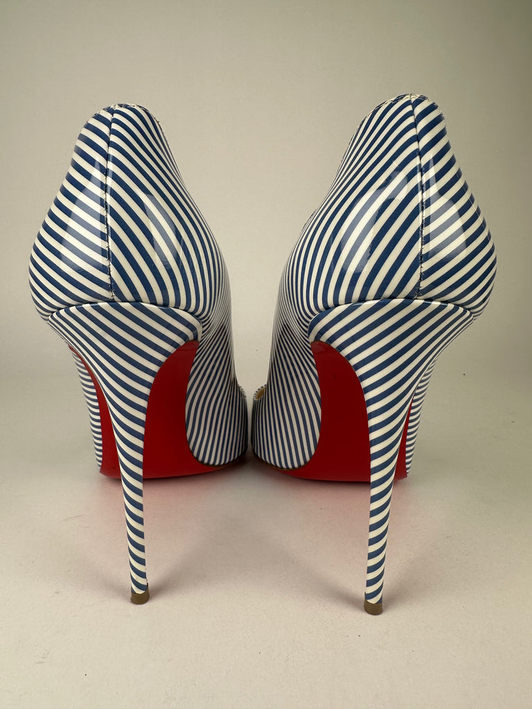 Christian Louboutin Pigalle Follies 100 Patent Leather Blue White Striped Size 41EU