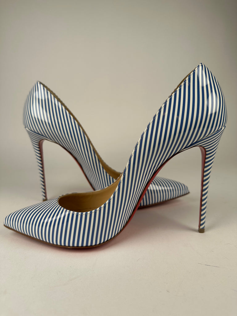 Christian Louboutin Pigalle Follies 100 Patent Leather Blue White Striped Size 41EU