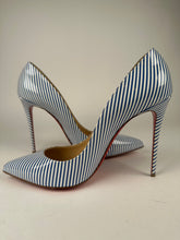 Load image into Gallery viewer, Christian Louboutin Pigalle Follies 100 Patent Leather Blue White Striped Size 41EU