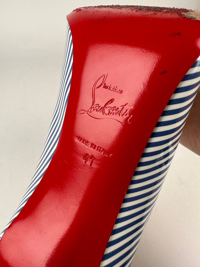 Christian Louboutin Pigalle Follies 100 Patent Leather Blue White Striped Size 41EU