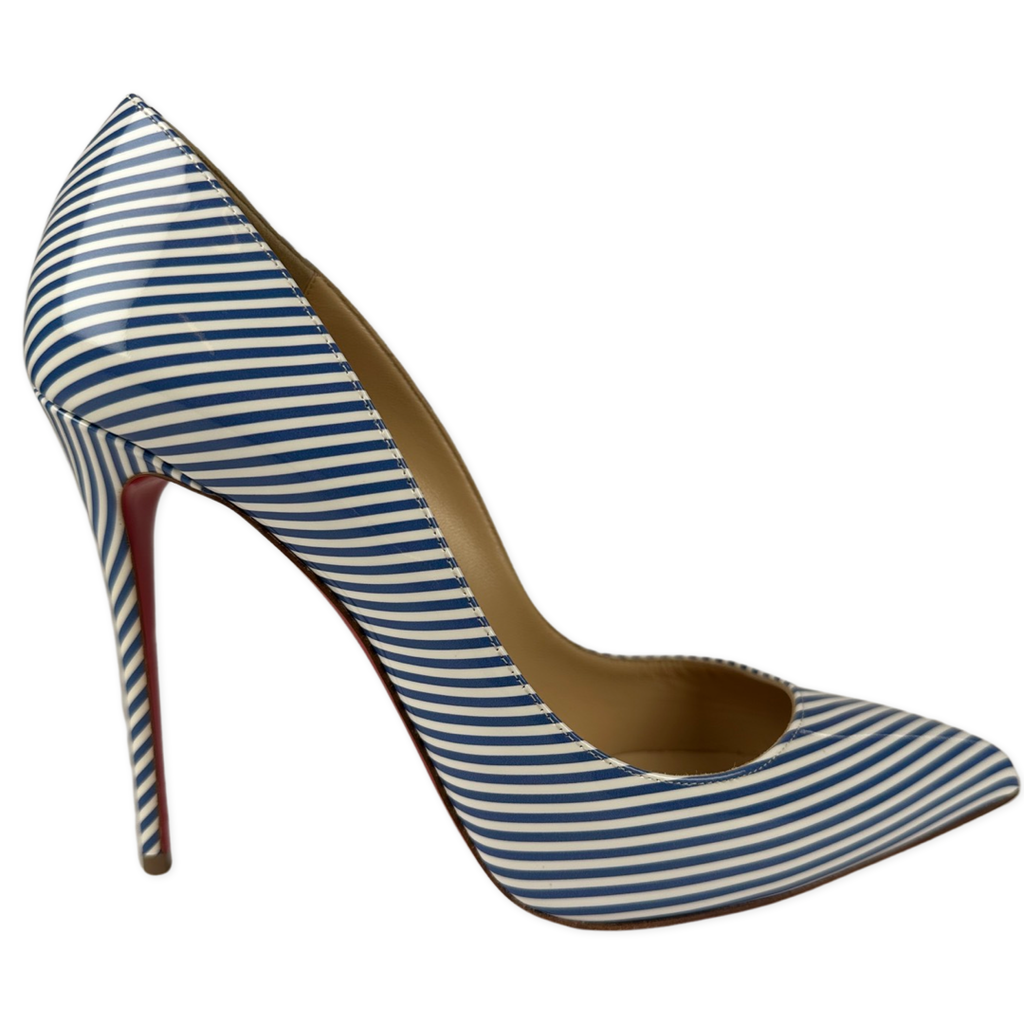 Christian Louboutin Pigalle Follies 100 Patent Leather Blue White Striped Size 41EU