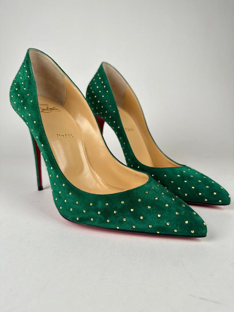 Christian Louboutin Pigalle Follies Plume Studded Suede Emerald Green Gold Size 41EU