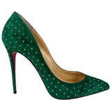 Christian Louboutin Pigalle Follies Plume Studded Suede Emerald Green Gold Size 41EU