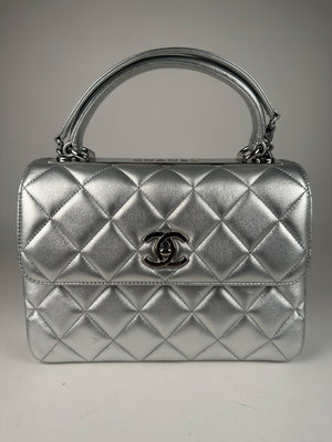 Chanel Metallic Lambskin Quilted Small Trendy CC Flap Dual Handle Bag Silver