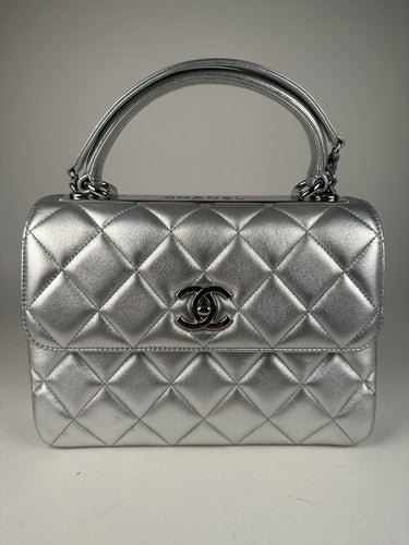 Chanel Metallic Lambskin Quilted Small Trendy CC Flap Dual Handle Bag Silver