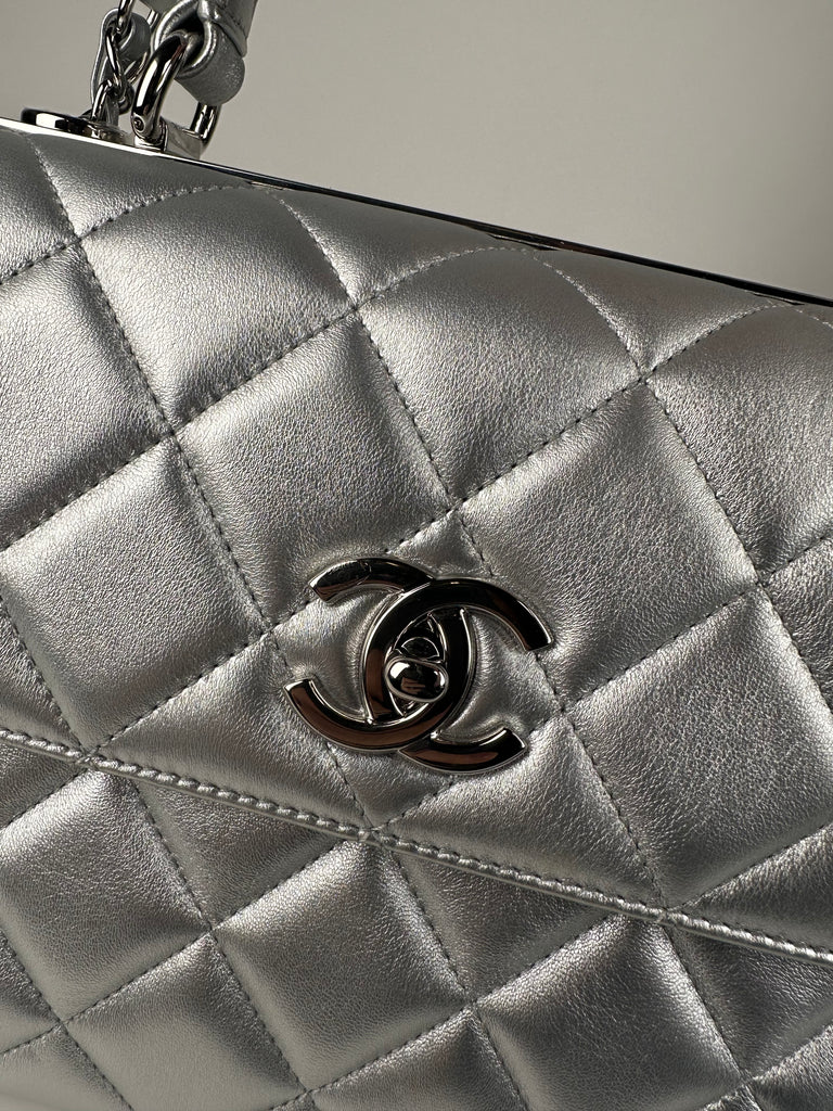 Chanel Metallic Lambskin Quilted Small Trendy CC Flap Dual Handle Bag Silver