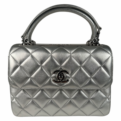 Chanel Metallic Lambskin Quilted Small Trendy CC Flap Dual Handle Bag Silver