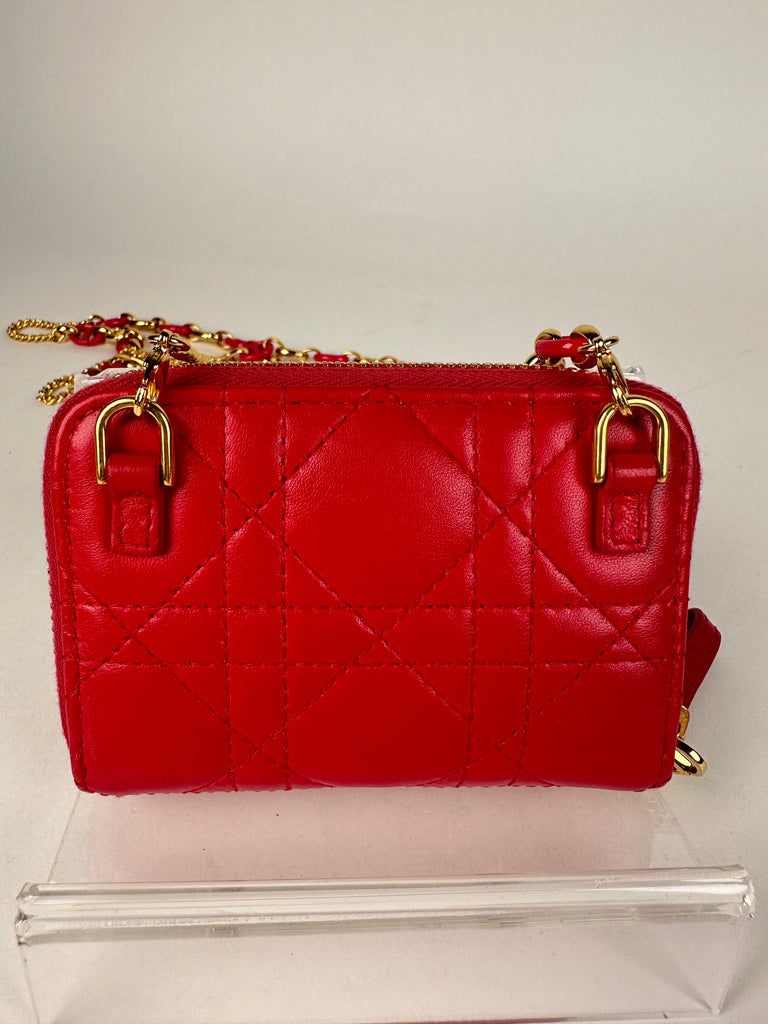 Dior Lambskin Cannage Mini Caro Zippered Crossbody Pouch Raspberry