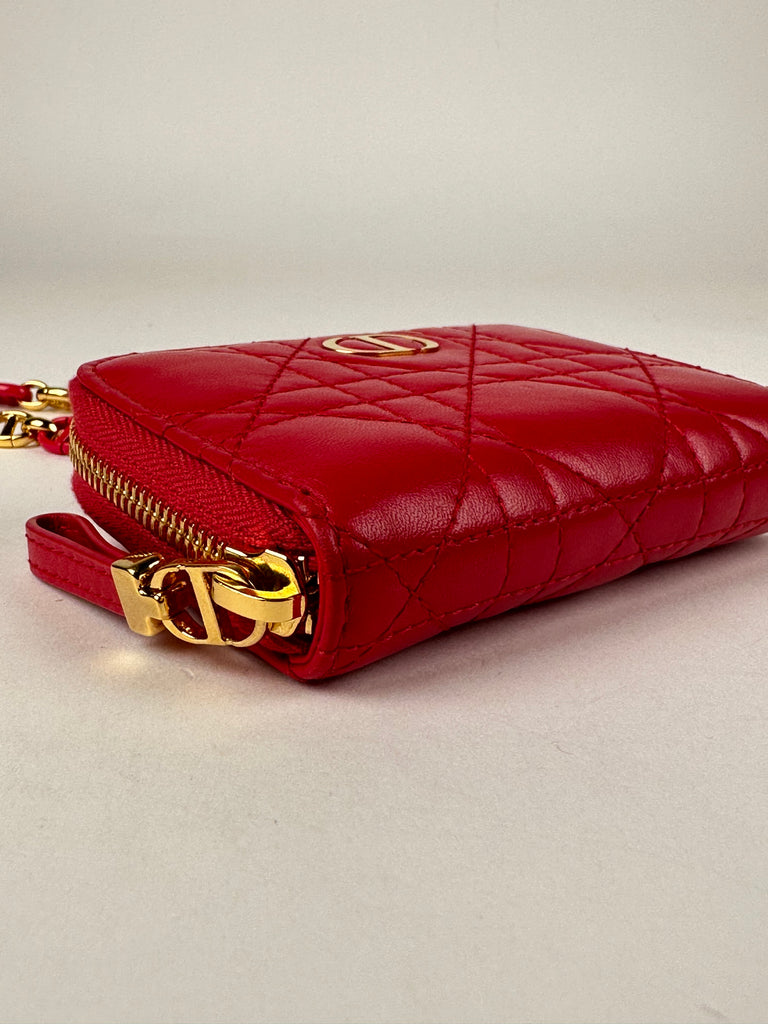 Dior Lambskin Cannage Mini Caro Zippered Crossbody Pouch Raspberry