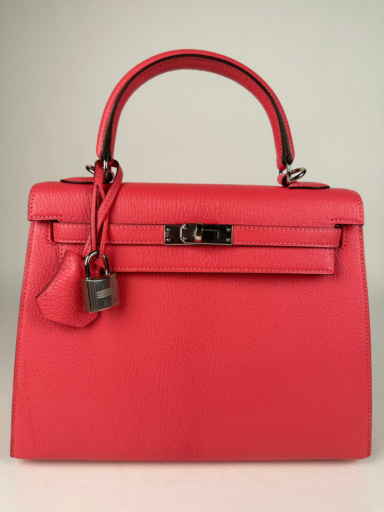 Hermes Kelly 25 Sellier Chevre Leather Rose Lipstick PHW