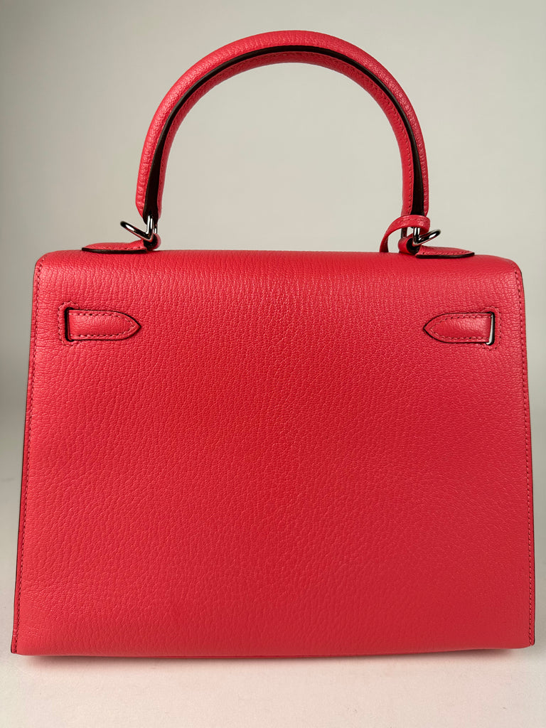 Hermes Kelly 25 Sellier Chevre Leather Rose Lipstick PHW