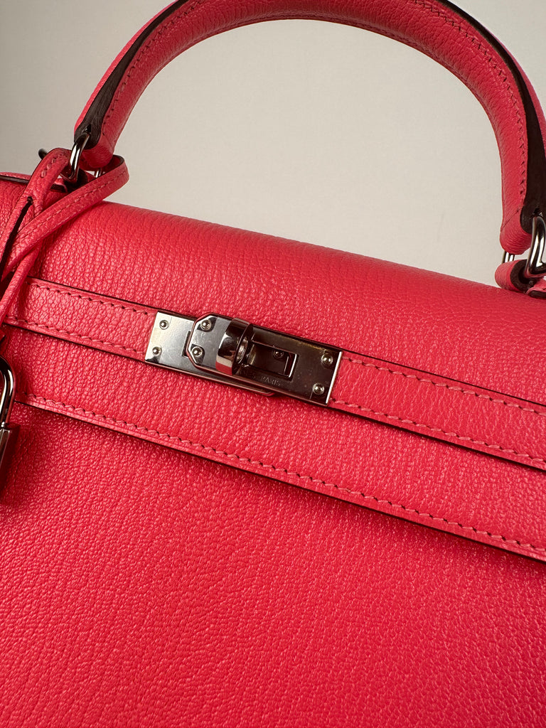 Hermes Kelly 25 Sellier Chevre Leather Rose Lipstick PHW