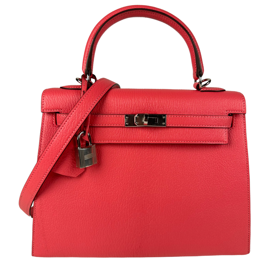 Hermes Kelly 25 Sellier Chevre Leather Rose Lipstick PHW