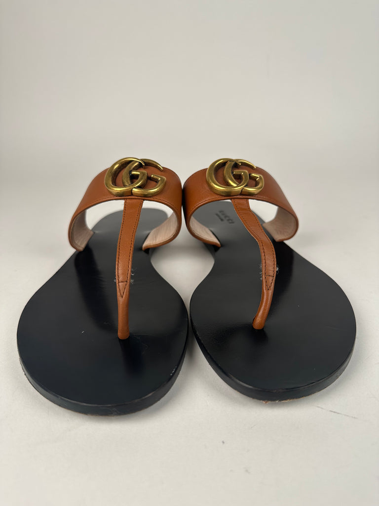 Gucci Marmont Thong Double G Sandal Brown Size 37EU