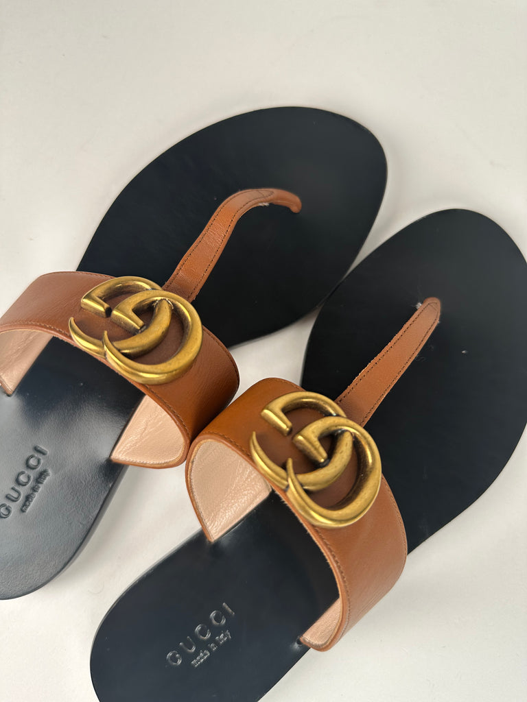 Gucci Marmont Thong Double G Sandal Brown Size 37EU