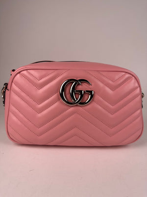 Gucci Calfskin Matelasse Small GG Marmont Chain Shoulder Bag Pink