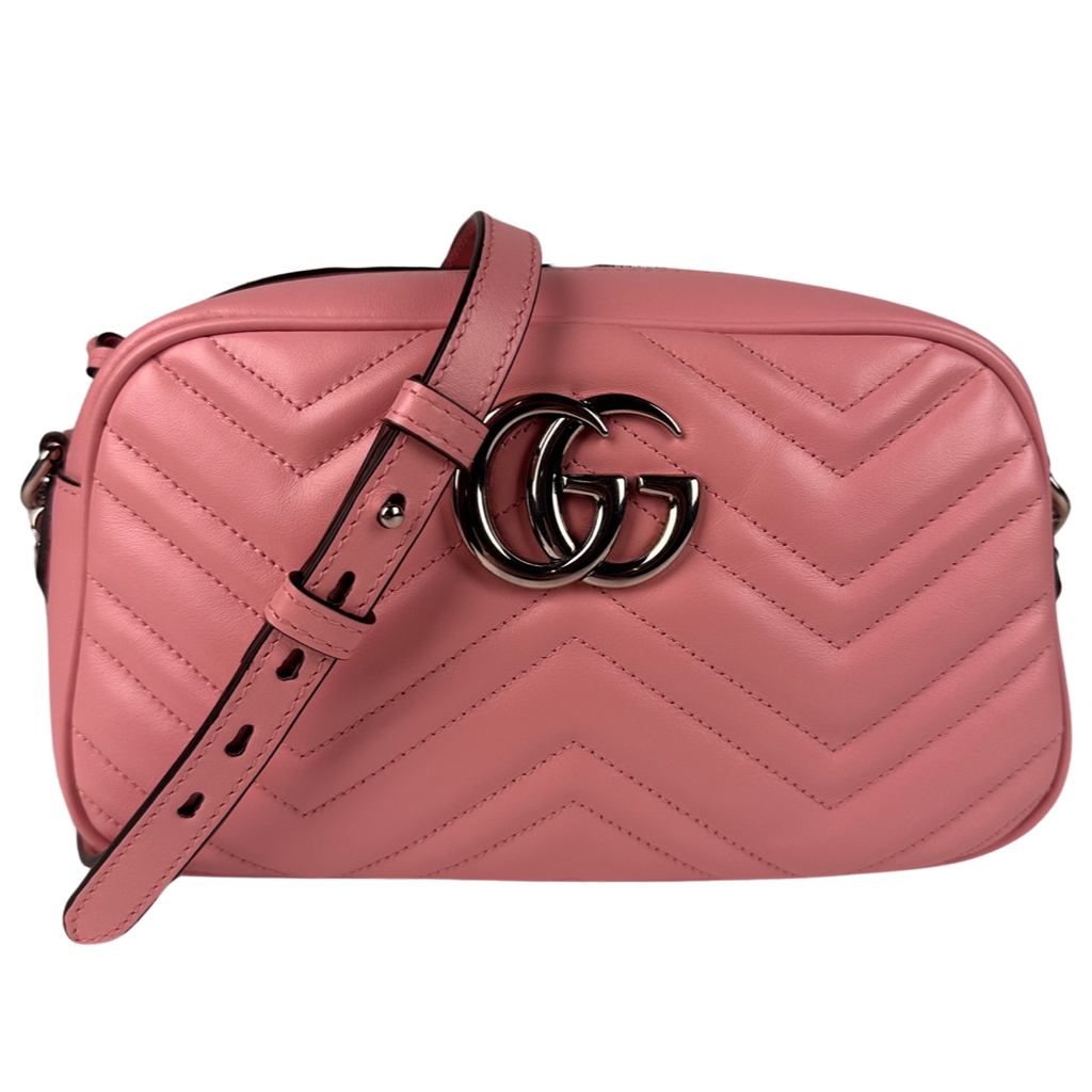 Gucci Calfskin Matelasse Small GG Marmont Chain Shoulder Bag Pink