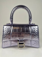 Load image into Gallery viewer, Balenciaga Shiny Calfskin Croc Embossed XS Hourglass Top Handle Metallic Lilac Purple