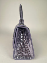 Load image into Gallery viewer, Balenciaga Shiny Calfskin Croc Embossed XS Hourglass Top Handle Metallic Lilac Purple