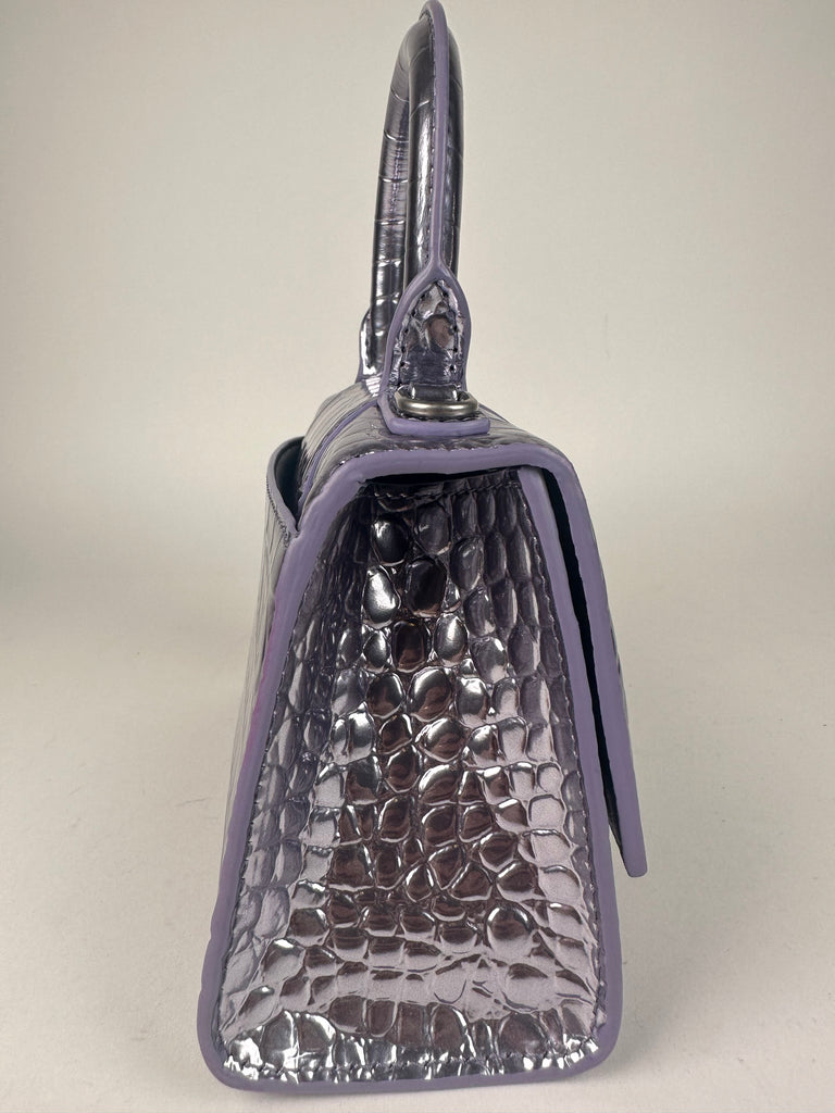 Balenciaga Shiny Calfskin Croc Embossed XS Hourglass Top Handle Metallic Lilac Purple