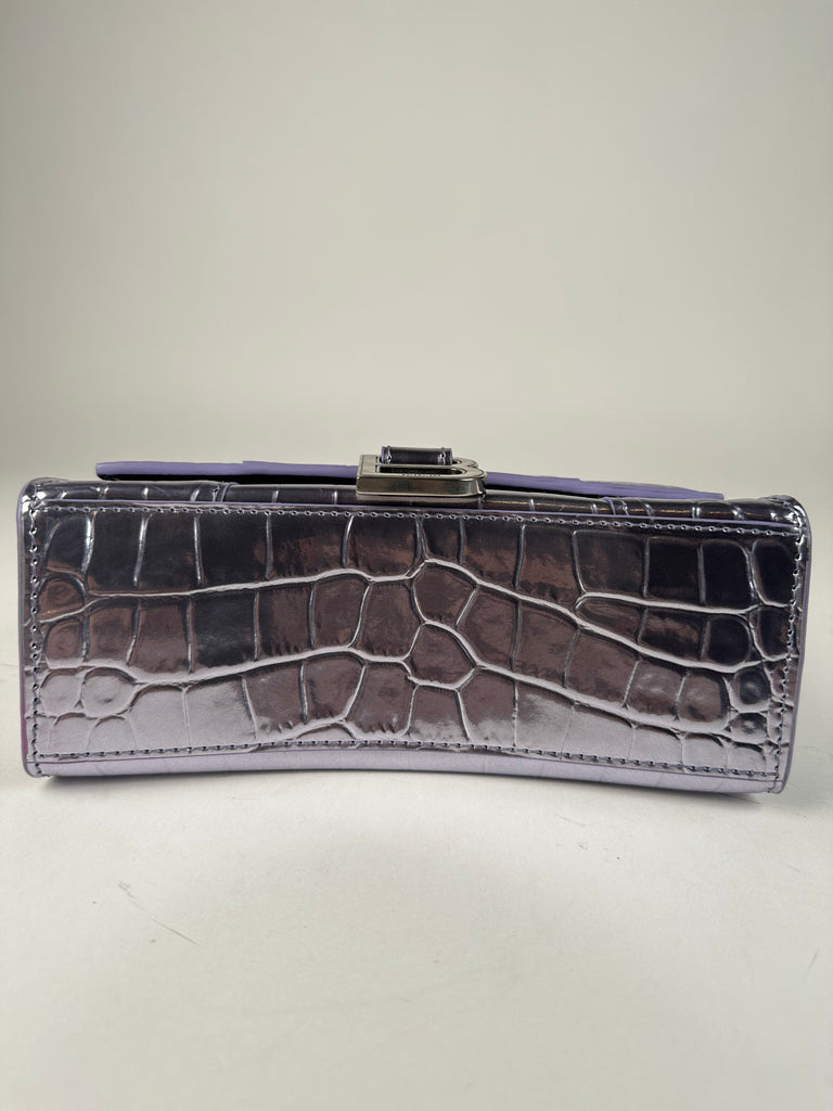 Balenciaga Shiny Calfskin Croc Embossed XS Hourglass Top Handle Metallic Lilac Purple