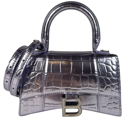Balenciaga Shiny Calfskin Croc Embossed XS Hourglass Top Handle Metallic Lilac Purple