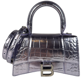 Balenciaga Shiny Calfskin Croc Embossed XS Hourglass Top Handle Metallic Lilac Purple