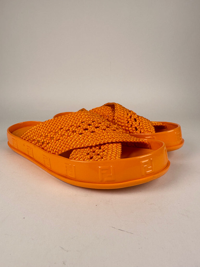 Fendi Orange Reflection Crisscross Slides Size 36EU