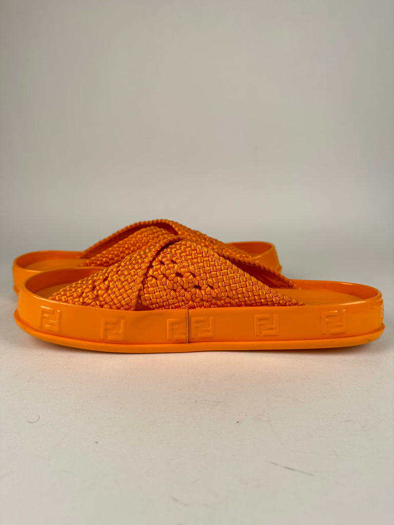 Fendi Orange Reflection Crisscross Slides Size 36EU